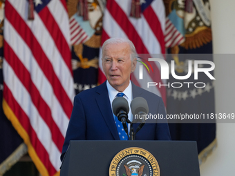 President Biden announces a ceasefire between Israel and Lebanon in the Rose Garden, United States, on November 26, 2024, before heading off...