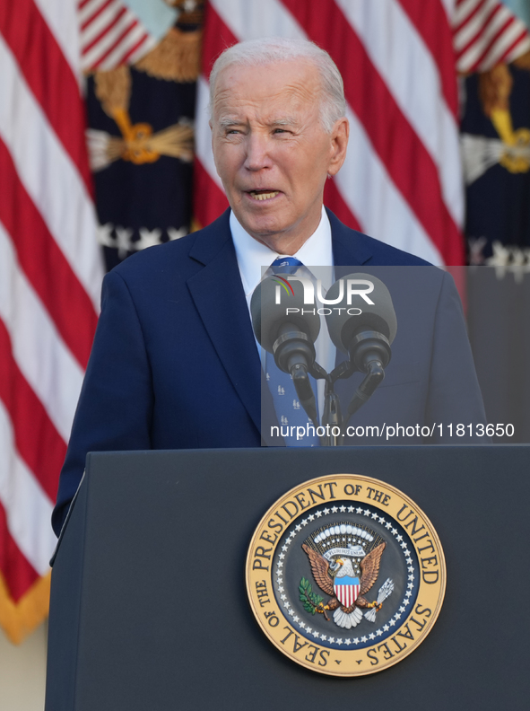 President Biden announces a ceasefire between Israel and Lebanon in the Rose Garden, United States, on November 26, 2024, before heading off...