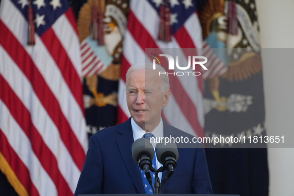 President Biden announces a ceasefire between Israel and Lebanon in the Rose Garden, United States, on November 26, 2024, before heading off...