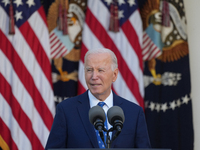 President Biden announces a ceasefire between Israel and Lebanon in the Rose Garden, United States, on November 26, 2024, before heading off...