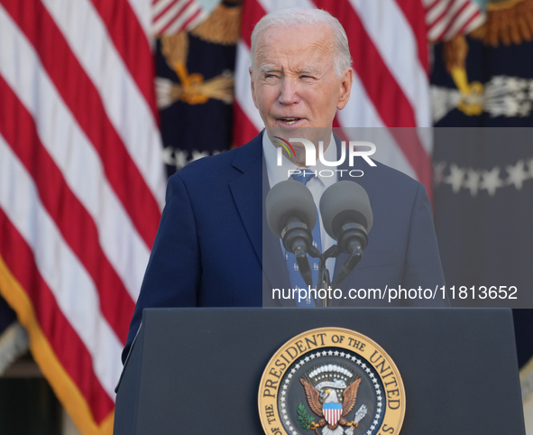 President Biden announces a ceasefire between Israel and Lebanon in the Rose Garden, United States, on November 26, 2024, before heading off...