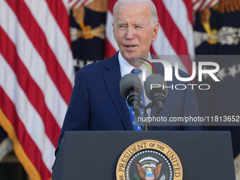 President Biden announces a ceasefire between Israel and Lebanon in the Rose Garden, United States, on November 26, 2024, before heading off...