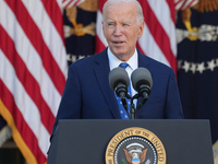 President Biden announces a ceasefire between Israel and Lebanon in the Rose Garden, United States, on November 26, 2024, before heading off...