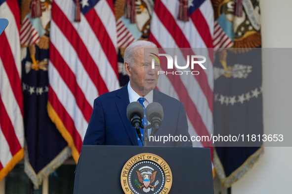 President Biden announces a ceasefire between Israel and Lebanon in the Rose Garden, United States, on November 26, 2024, before heading off...