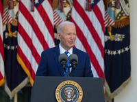 President Biden announces a ceasefire between Israel and Lebanon in the Rose Garden, United States, on November 26, 2024, before heading off...