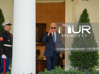 President Biden announces a ceasefire between Israel and Lebanon in the Rose Garden, United States, on November 26, 2024, before heading off...