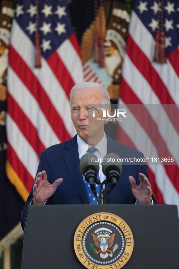 President Biden announces a ceasefire between Israel and Lebanon in the Rose Garden, United States, on November 26, 2024, before heading off...