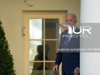 President Biden announces a ceasefire between Israel and Lebanon in the Rose Garden, United States, on November 26, 2024, before heading off...