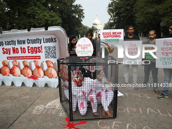 Activists perform near the iconic Victoria Memorial (background) in Kolkata, India, on November 27, 2024. The performance is for Mercy For A...