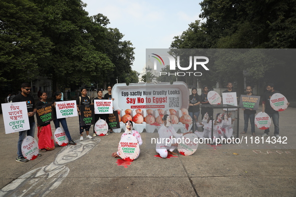 Activists perform near the iconic Victoria Memorial (background) in Kolkata, India, on November 27, 2024. The performance is for Mercy For A...