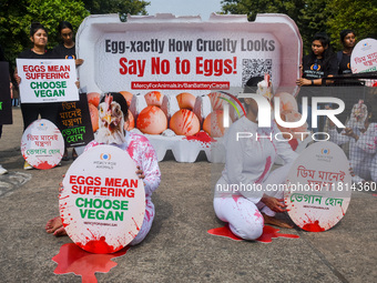 Activists of Mercy for Animals India wear chicken costumes during a protest demonstration against the use and consumption of eggs and to spr...