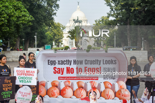 Activists of Mercy for Animals India wear chicken costumes during a protest demonstration against the use and consumption of eggs and to spr...