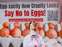 Activists of Mercy for Animals India wear chicken costumes during a protest demonstration against the use and consumption of eggs and to spr...