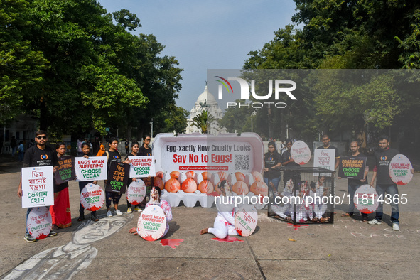 Activists of Mercy for Animals India wear chicken costumes during a protest demonstration against the use and consumption of eggs and to spr...