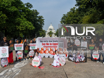 Activists of Mercy for Animals India wear chicken costumes during a protest demonstration against the use and consumption of eggs and to spr...