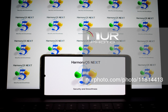 The logo of the Huawei HarmonyOS NEXT operating system appears on a smartphone screen and on a computer screen as a background in this photo...