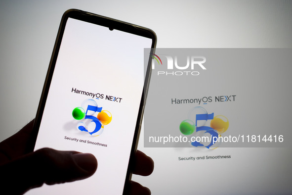 The logo of the Huawei HarmonyOS NEXT operating system appears on a smartphone screen and on a computer screen as a background in this photo...