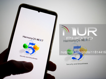 The logo of the Huawei HarmonyOS NEXT operating system appears on a smartphone screen and on a computer screen as a background in this photo...