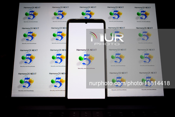 The logo of the Huawei HarmonyOS NEXT operating system appears on a smartphone screen and on a computer screen as a background in this photo...