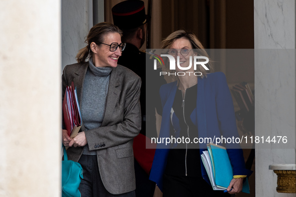 Astrid Panosyan-Bouvet, Minister of Labor, and Agnes Pannier-Runacher, French Minister for Ecological Transition and Energy, are at the Elys...