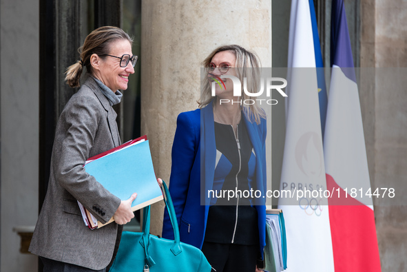 Astrid Panosyan-Bouvet, Minister of Labor, and Agnes Pannier-Runacher, French Minister for Ecological Transition and Energy, are at the Elys...