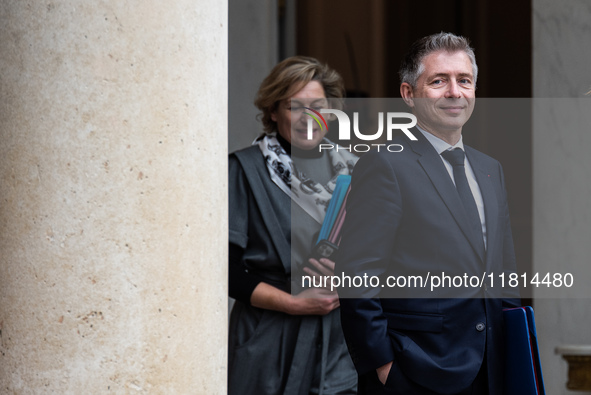 Gil Averous, Minister of Sport, is at the Elysee for the Council of Ministers. Beyond him is Nathalie Delattre, Minister of Relations with P...