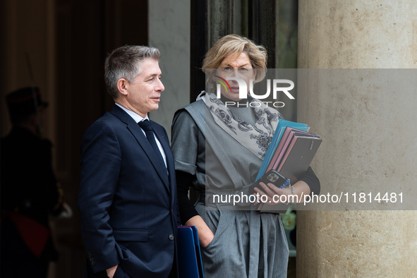 Gil Averous, Minister of Sport, and Nathalie Delattre, Minister of Relations with Parliament, attend the Council of Ministers at the Elysee...