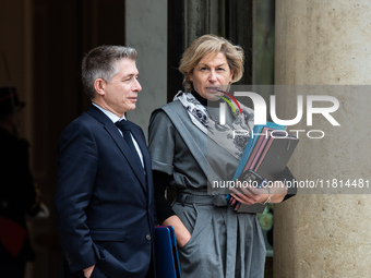 Gil Averous, Minister of Sport, and Nathalie Delattre, Minister of Relations with Parliament, attend the Council of Ministers at the Elysee...