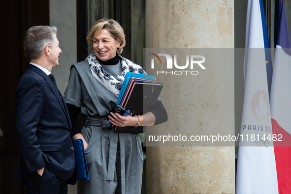 Gil Averous, Minister of Sport, and Nathalie Delattre, Minister of Relations with Parliament, attend the Council of Ministers at the Elysee...