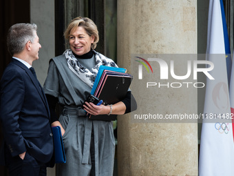 Gil Averous, Minister of Sport, and Nathalie Delattre, Minister of Relations with Parliament, attend the Council of Ministers at the Elysee...