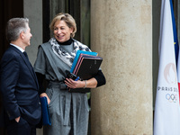 Gil Averous, Minister of Sport, and Nathalie Delattre, Minister of Relations with Parliament, attend the Council of Ministers at the Elysee...