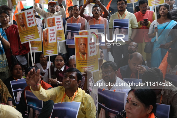 Bharatiya Janata Party (BJP) activists shout slogans and carry placards during a protest rally towards the Bangladesh High Commission after...