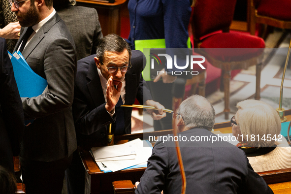 In Paris, France, on November 26, 2024, Bruno Retailleau, Minister for the Interior, talks to Paul Christophe, Minister for Solidarity, Auto...