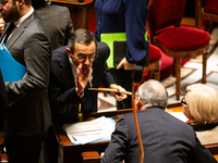 In Paris, France, on November 26, 2024, Bruno Retailleau, Minister for the Interior, talks to Paul Christophe, Minister for Solidarity, Auto...