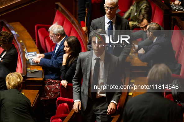 Gabriel Attal, former Prime Minister, deputy, and president of the Ensemble pour la Republique group (EPR), is seen during the questions to...