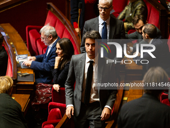 Gabriel Attal, former Prime Minister, deputy, and president of the Ensemble pour la Republique group (EPR), is seen during the questions to...