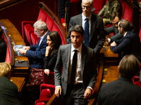 Gabriel Attal, former Prime Minister, deputy, and president of the Ensemble pour la Republique group (EPR), is seen during the questions to...