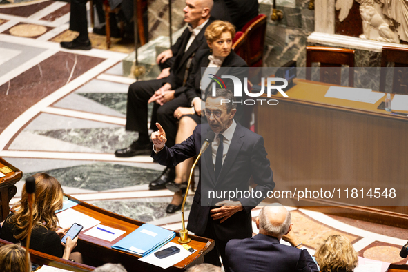 Bruno Retailleau, Minister for the Interior, speaks during the questions to the government session at the National Assembly in Paris, France...