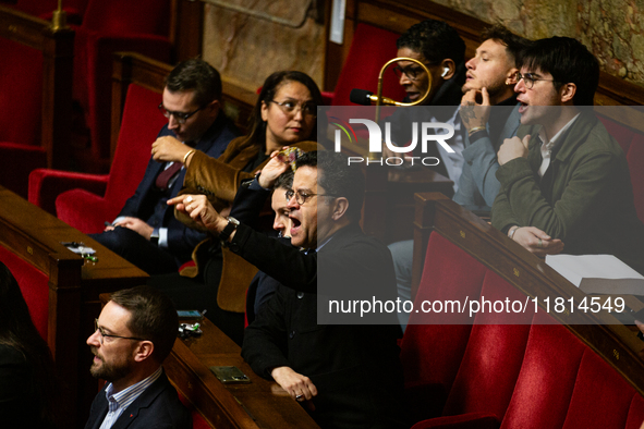 Gabriel Amard, deputy of the La France Insoumise - Nouveau Front Populaire group, protests during the speech of Bruno Retailleau, Minister o...