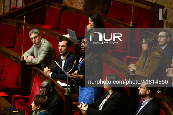 Daniele Obono, deputy of the La France Insoumise - Nouveau Front Populaire group, speaks during questions to the French government at the Na...