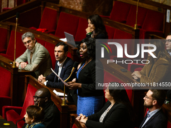 Daniele Obono, deputy of the La France Insoumise - Nouveau Front Populaire group, speaks during questions to the French government at the Na...