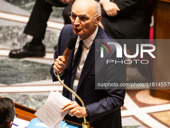 In Paris, France, on November 26, 2024, Didier Migaud, Keeper of the Seals and Minister of Justice, speaks during the questions to the gover...