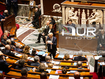 In Paris, France, on November 26, 2024, Didier Migaud, Keeper of the Seals and Minister of Justice, speaks during the questions to the gover...