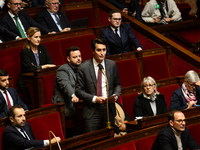 Gaetan Dussausaye, deputy of the Rassemblement National group, speaks during questions to the French government at the National Assembly in...