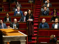 Elsa Faucillon, deputy of the Gauche Democrate et Republicaine group, speaks during questions to the French government at the National Assem...