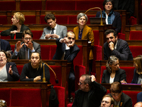 Pouria Amirshahi, deputy of the Ecologiste et Social group, makes the thumbs down sign during the questions to the French government session...