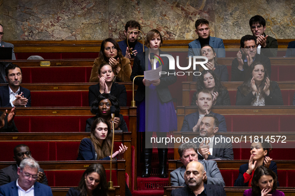 In Paris, France, on November 26, 2024, Sarah Legrain, deputy of the La France Insoumise group, speaks during the questions to the French go...