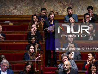 In Paris, France, on November 26, 2024, Sarah Legrain, deputy of the La France Insoumise group, speaks during the questions to the French go...