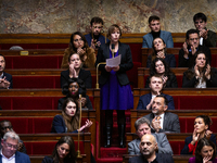 In Paris, France, on November 26, 2024, Sarah Legrain, deputy of the La France Insoumise group, speaks during the questions to the French go...