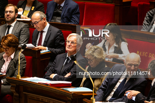 In Paris, France, on November 26, 2024, French Prime Minister Michel Barnier is seen during the questions to the government session at the N...